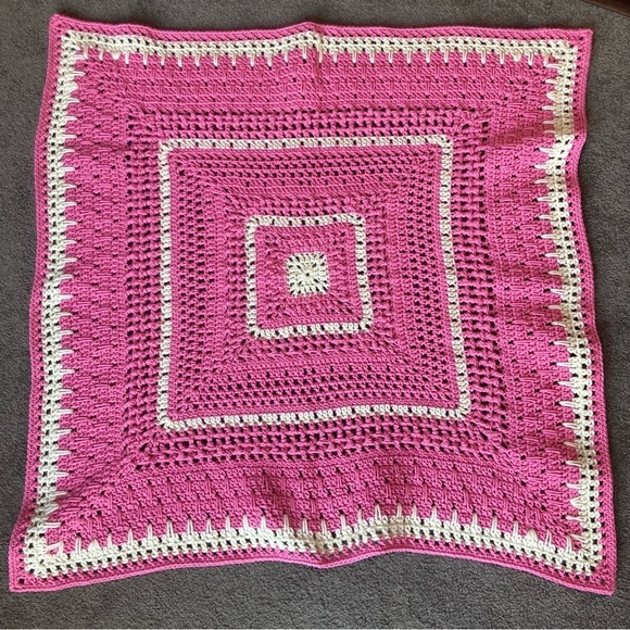 Handmade Crochet Knit Square Stripe Cottagecore Y2K Hot Pink Baby Blanket - Picture 2 of 3